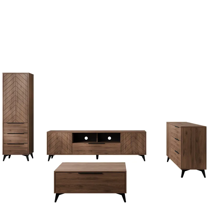 Vemdalen Møbelsæt til stuen - TV-bænk, bogreol, skænk og sofabord, brun