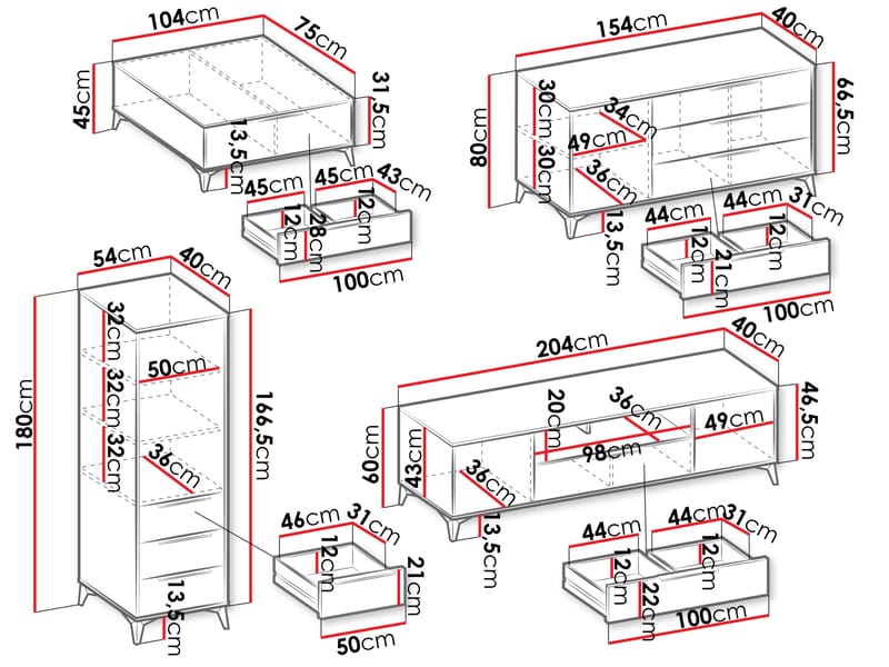 Vemdalen Møbelsæt til stuen - TV-bænk, bogreol, skænk og sofabord - brun - Møbler - Møbelsæt - Møbelsæt til stuen