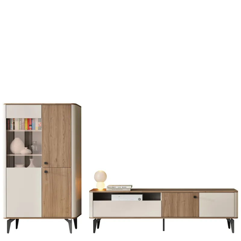 Zeyrin Møbelsæt til stuen - Tv-bænk + Vitrineskab, Brun|beige|sort