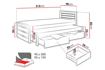 Alderamin Udtrækkelig Sengeramme 90x200 cm i Malet Træ med Opbevaring - Hvid - Møbler - Senge - Sengeramme & sengestel