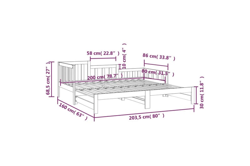 beBasic daybed med udtræk 2x(80x200) cm massivt fyrretræ - Brun - Sengeramme & sengestel