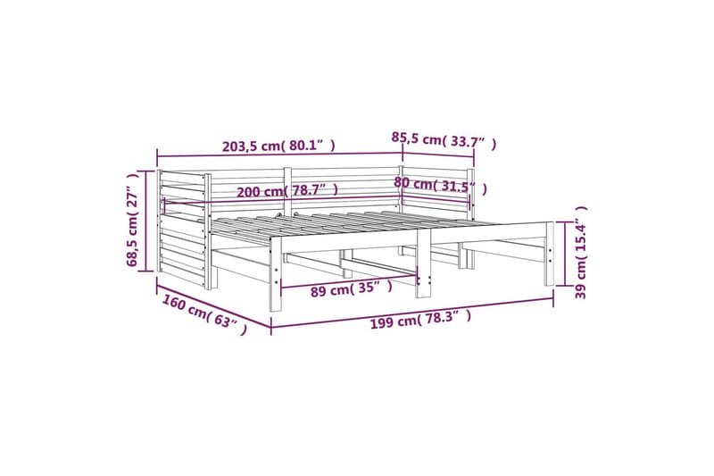 beBasic daybed med udtræk 2x(80x200) cm massivt fyrretræ sort - Sort - Sengeramme & sengestel