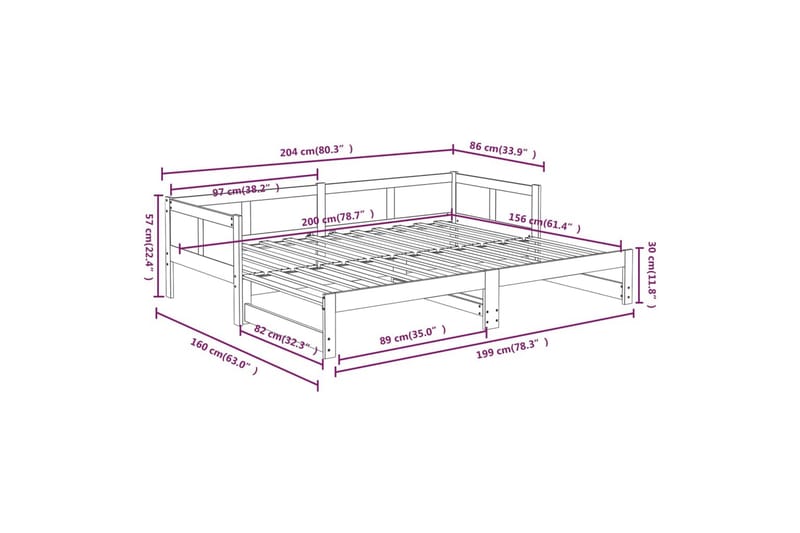 beBasic daybed med udtræk 2x(80x200) cm massivt fyrretræ sort - Sort - Sengeramme & sengestel