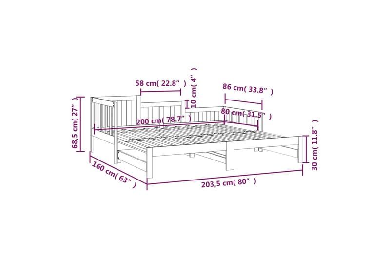 beBasic daybed med udtræk 2x(80x200) cm massivt fyrretræ sort - Sort - Sengeramme & sengestel