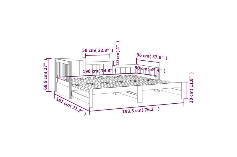 beBasic daybed med udtræk 2x(90x190) cm massivt fyrretræ - Brun - Sengeramme & sengestel