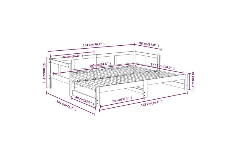 beBasic daybed med udtræk 2x(90x190) cm massivt fyrretræ hvid - Hvid - Sengeramme & sengestel