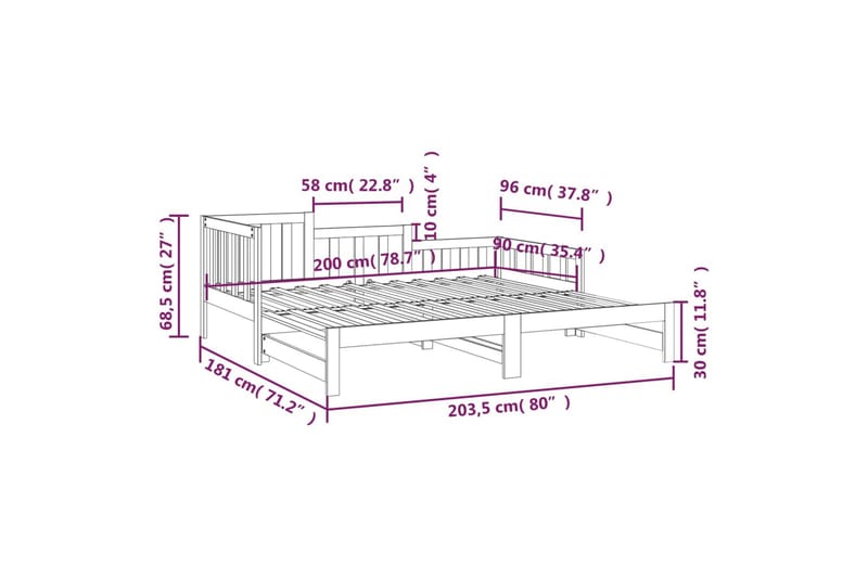 beBasic daybed med udtræk 2x(90x200) cm massivt fyrretræ sort - Sort - Sengeramme & sengestel