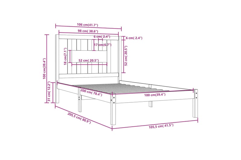 beBasic sengeramme 100x200 cm massivt fyrretræ - Brun - Sengeramme & sengestel