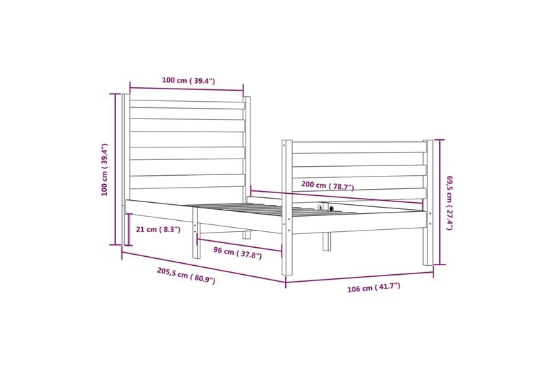 beBasic sengeramme 100x200 cm massivt fyrretræ - Brun - Sengeramme & sengestel