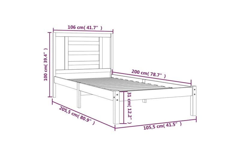 beBasic sengeramme 100x200 cm massivt fyrretræ hvid - Hvid - Sengeramme & sengestel