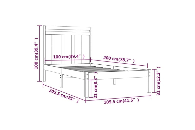 beBasic sengeramme 100x200 cm massivt træ - Brun - Sengeramme & sengestel