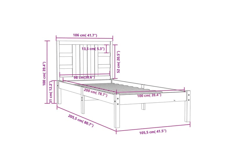 beBasic sengeramme 100x200 cm massivt træ - Brun - Møbler - Senge - Sengeramme & sengestel