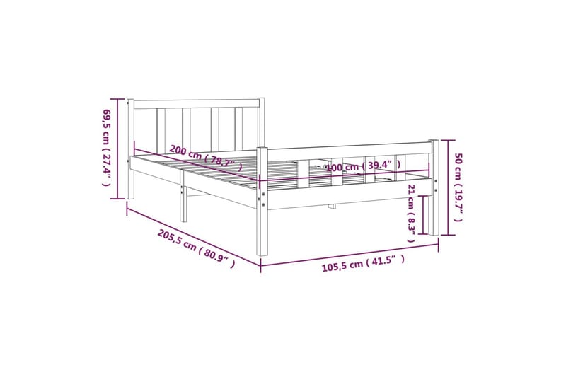 beBasic sengeramme 100x200 cm massivt træ grå - GrÃ¥ - Møbler - Senge - Sengeramme & sengestel