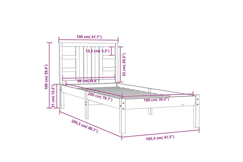 beBasic sengeramme 100x200 cm massivt træ hvid - Hvid - Møbler - Senge - Sengeramme & sengestel
