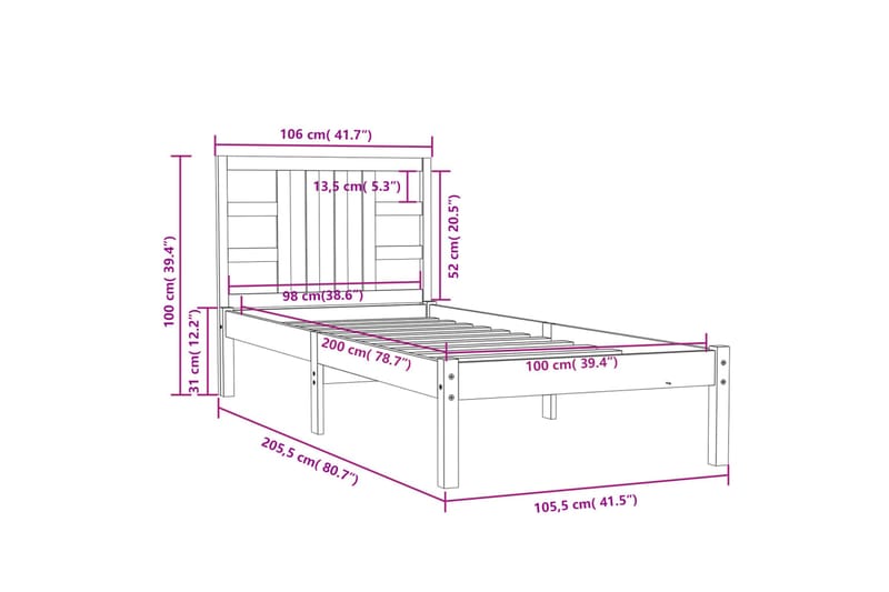 beBasic sengeramme 100x200 cm massivt træ hvid - Hvid - Sengeramme & sengestel