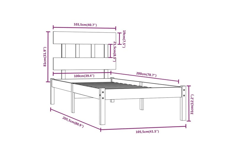 beBasic sengeramme 100x200 cm massivt træ sort - Sort - Sengeramme & sengestel