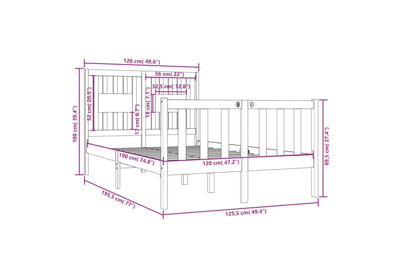 beBasic sengeramme 120x190 cm Small Double massivt træ - Brun - Møbler - Senge - Sengeramme & sengestel