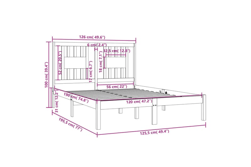 beBasic sengeramme 120x190 cm Small Double massivt træ - Brun - Møbler - Senge - Sengeramme & sengestel