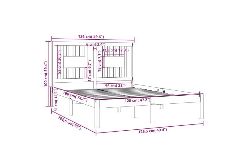 beBasic sengeramme 120x190 cm Small Double massivt træ - Brun - Sengeramme & sengestel