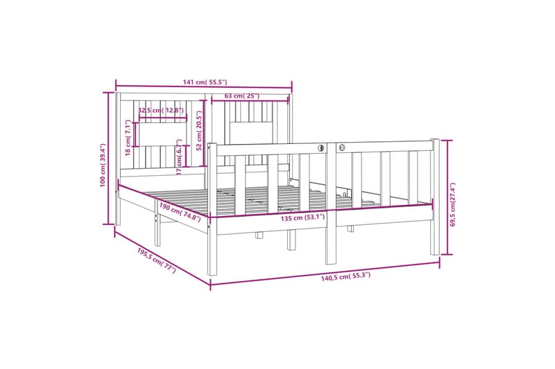 beBasic sengeramme 135x190 cm dobbelt massivt træ - Brun - Sengeramme & sengestel