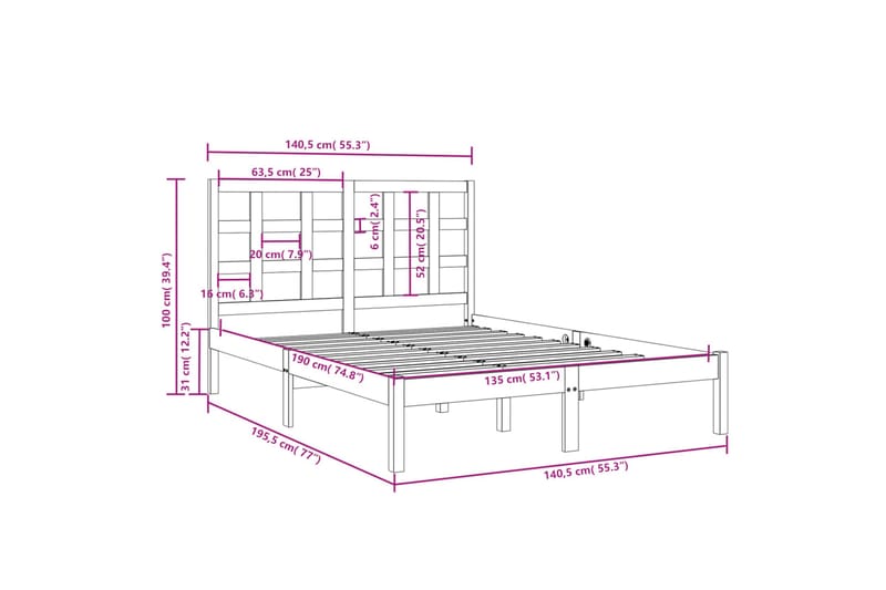 beBasic sengeramme 135x190 cm dobbelt massivt træ - Brun - Sengeramme & sengestel