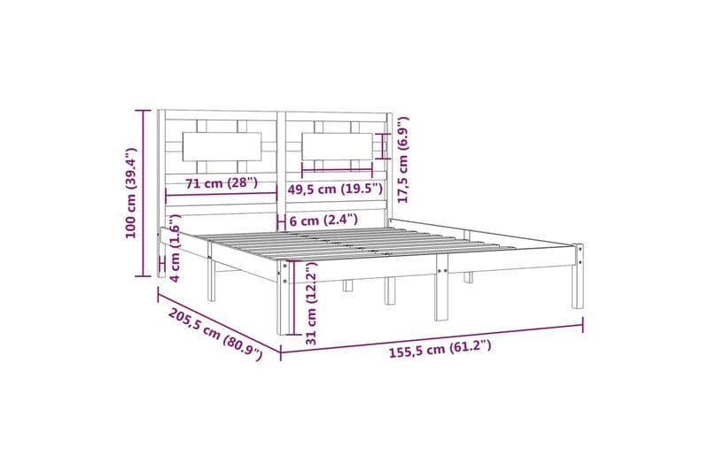 beBasic sengeramme 150x200 cm King Size massivt fyrretræ - Brun - Møbler - Senge - Sengeramme & sengestel