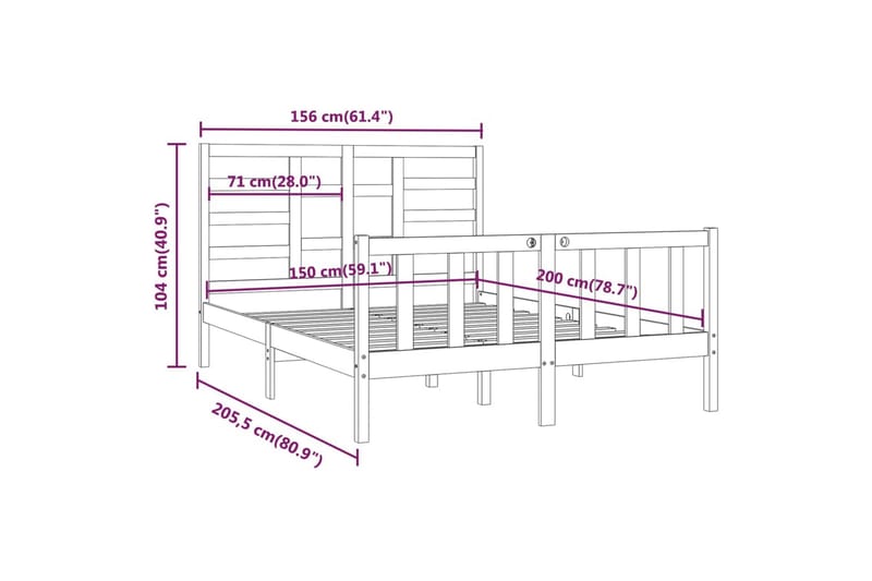 beBasic sengeramme 150x200 cm King Size massivt træ grå - GrÃ¥ - Møbler - Senge - Sengeramme & sengestel