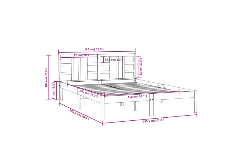 beBasic sengeramme 150x200 cm King Size massivt træ hvid - Hvid - Sengeramme & sengestel