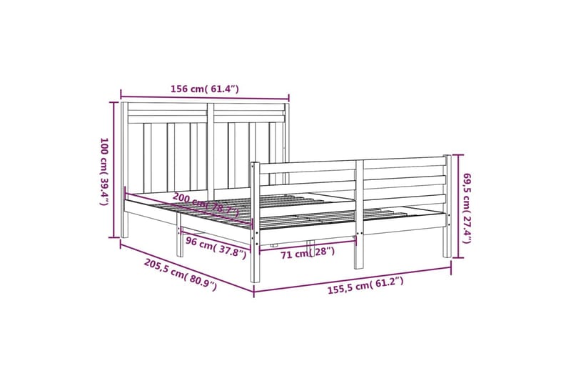 beBasic sengeramme 150x200 cm King Size massivt træ hvid - Hvid - Sengeramme & sengestel