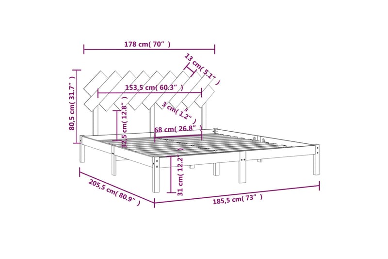 beBasic sengeramme 180x200 cm Super King massivt træ - Brun - Møbler - Senge - Sengeramme & sengestel