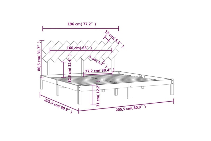 beBasic sengeramme 200x200 cm massivt træ - Brun - Møbler - Senge - Sengeramme & sengestel