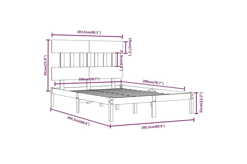 beBasic sengeramme 200x200 cm massivt træ - Brun - Sengeramme & sengestel