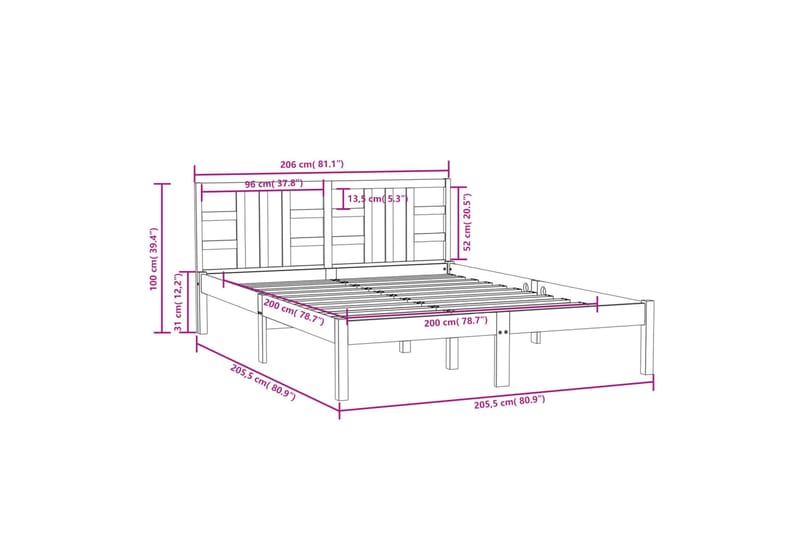 beBasic sengeramme 200x200 cm massivt træ - Brun - Møbler - Senge - Sengeramme & sengestel