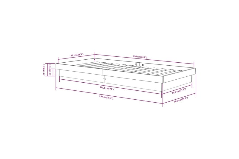 beBasic sengeramme 75x190 cm 2FT6 Small Single massivt træ - Brun - Møbler - Senge - Sengeramme & sengestel