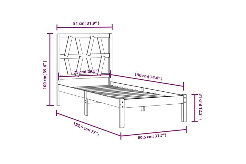 beBasic sengeramme 75x190 cm Small Single massivt fyrretræ - Brun - Sengeramme & sengestel