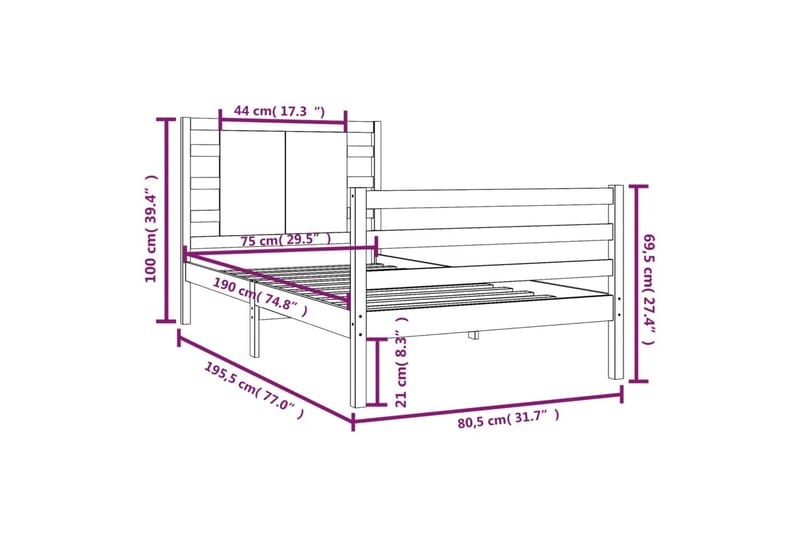 beBasic sengeramme 75x190 cm Small Single massivt fyrretræ - Brun - Sengeramme & sengestel