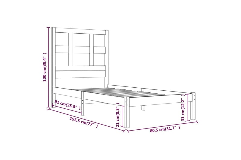 beBasic sengeramme 75x190 cm Small Single massivt fyrretræ hvid - Hvid - Sengeramme & sengestel