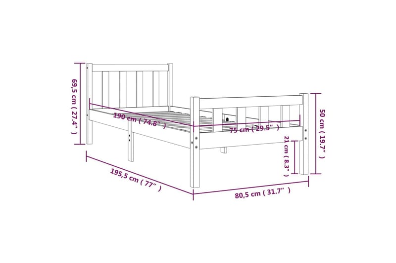 beBasic sengeramme 75x190 cm Small Single massivt træ - Brun - Sengeramme & sengestel