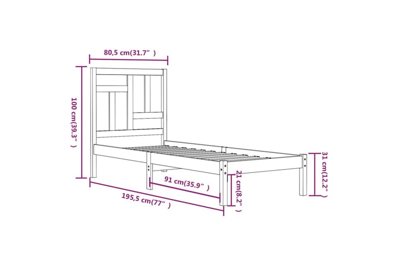 beBasic sengeramme 75x190 cm Small Single massivt træ - Brun - Sengeramme & sengestel