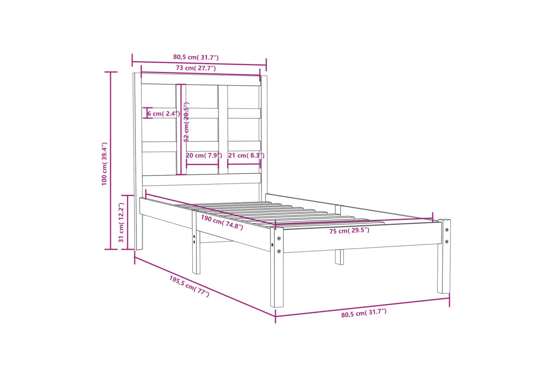 beBasic sengeramme 75x190 cm Small Single massivt træ - Brun - Møbler - Senge - Sengeramme & sengestel