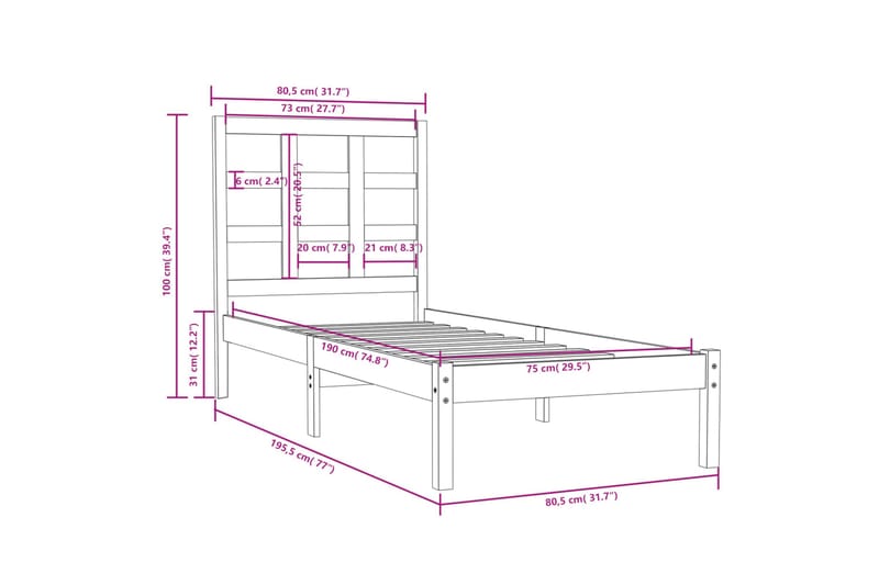 beBasic sengeramme 75x190 cm Small Single massivt træ - Brun - Møbler - Senge - Sengeramme & sengestel