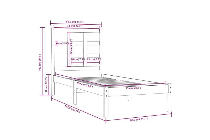 beBasic sengeramme 75x190 cm Small Single massivt træ - Brun - Sengeramme & sengestel