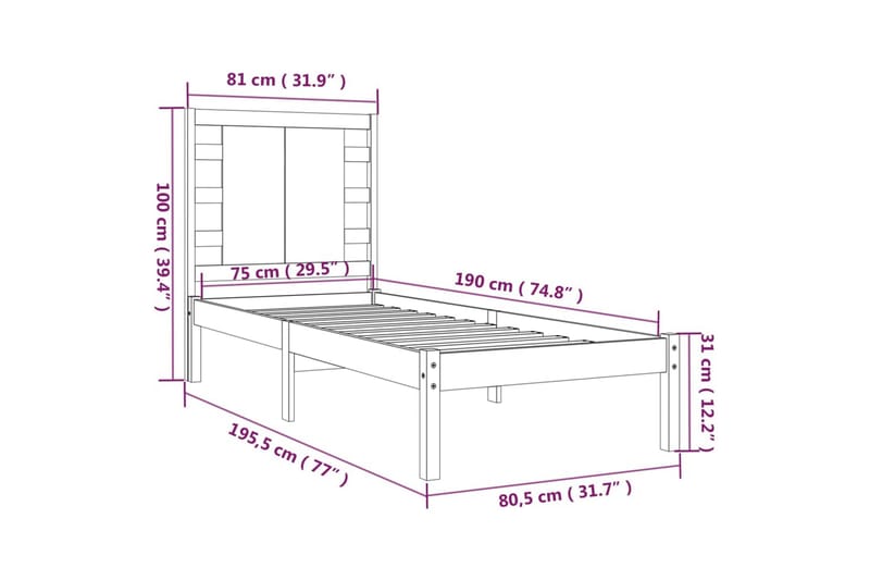 beBasic sengeramme 75x190 cm Small Single massivt træ hvid - Hvid - Sengeramme & sengestel