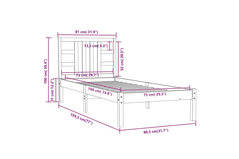 beBasic sengeramme 75x190 cm Small Single massivt træ sort - Sort - Sengeramme & sengestel