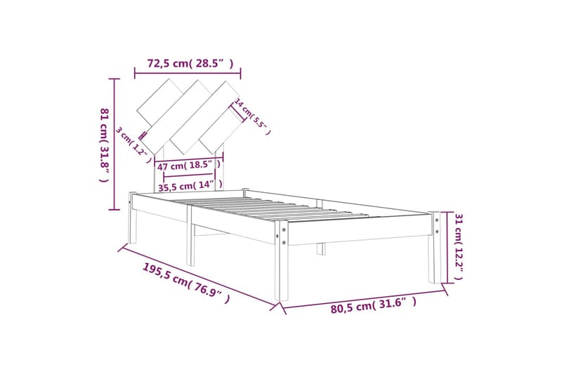 beBasic sengeramme 75x190 cm Small Single massivt træ sort - Sort - Sengeramme & sengestel