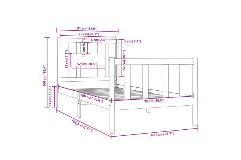 beBasic sengeramme 75x190 cm Small Single massivt træ sort - Sort - Sengeramme & sengestel