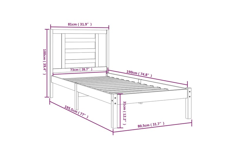 beBasic sengeramme 75x190 cm Small Single massivt træ sort - Sort - Sengeramme & sengestel