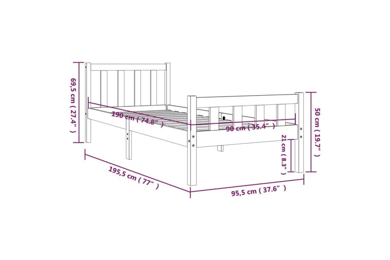 beBasic sengeramme 90x190 cm Single massivt træ - Brun - Møbler - Senge - Sengeramme & sengestel