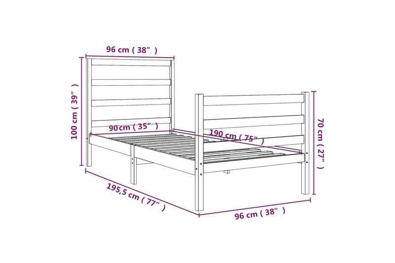 beBasic sengeramme 90x190 Single massivt fyrretræ - Brun - Sengeramme & sengestel