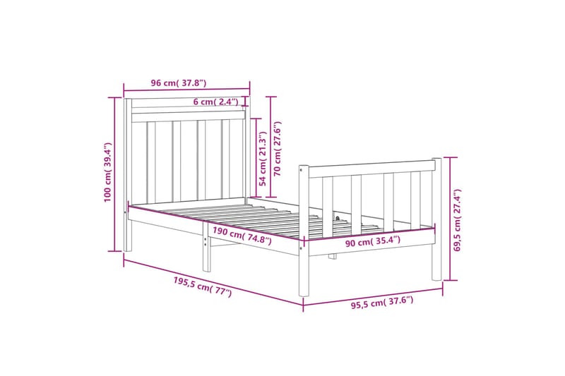 beBasic sengeramme 90x190 Single massivt træ - Brun - Sengeramme & sengestel